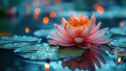 A pink lotus water lily blooming on the water.
