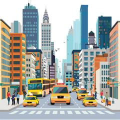 A bustling city street with taxis and buses. clipart