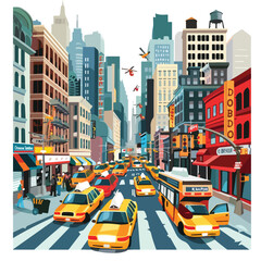 A bustling city street with taxis and buses. clipart - obrazy, fototapety, plakaty