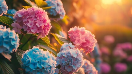 Pink, blue hydrangea flowers are blooming in spring and summer at sunset in town garden.