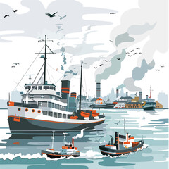 A bustling harbor with ships coming and going. clipart