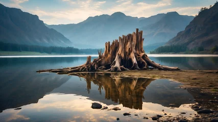 Foto op Plexiglas Old tree stump on lake  © VISHNU