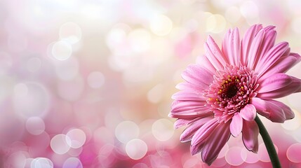 Pink gerbera daisy on magical bokeh background with ample copy space for text placement