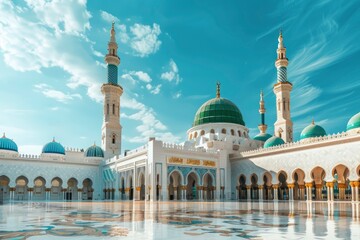 Fototapeta na wymiar Masjid Nabawi - Prophet Mosque in Madinah al-Munawwarah and copy space - generative ai