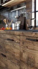 Obraz na płótnie Canvas Close up of a kitchen modern rustic style, wood furniture