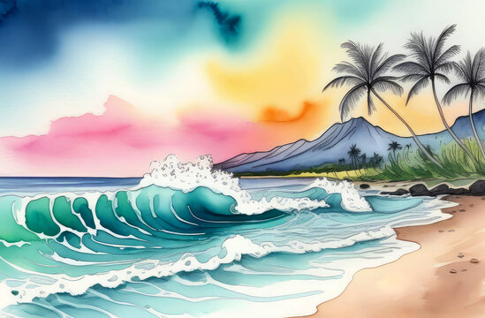 Watercolor landscape with views of tropical islands. Mountains, palm trees, ocean.Card