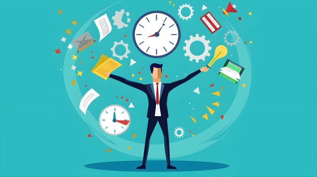 Project management process to manage and develop with resources to deliver quality product, agile development cycle, businessman project manager balance on clock juggling project management elements 