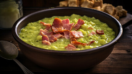 A bowl of hearty split pea soup with chunks of ham.