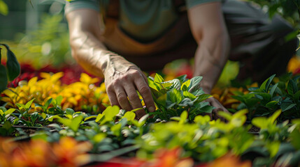 person picking flowers, A close-up of a skilled horticulturist tending to a vibrant and diverse botanical garden  - obrazy, fototapety, plakaty