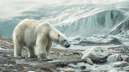 The white polar bear that walking in the middle of ice mountain or iceberg that has been warmed and also melting by the light and heat of the sun in the north pole or south pole of the earth. AIGX03. - obrazy, fototapety, plakaty