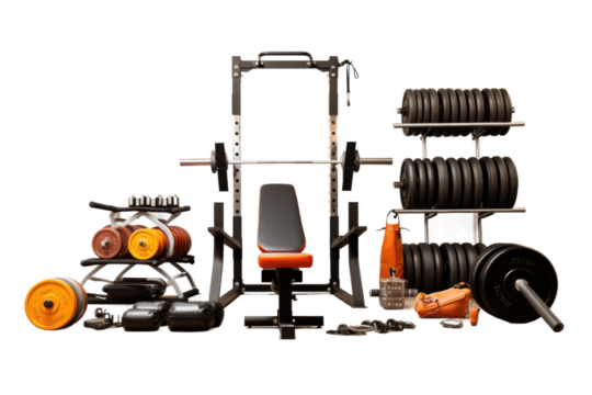 Gym Equipment Set Up on White Background. On a White or Clear Surface PNG Transparent Background.