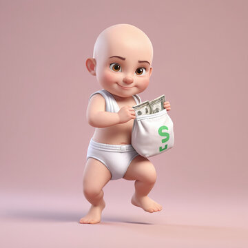 Cute 3D render Indonesian Ghost Tuyul Holding Money Bag Illustration. People Holiday, bald kids holding money bag