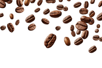 Obraz premium Coffee Beans Falling in the Air. On a White or Clear Surface PNG Transparent Background.