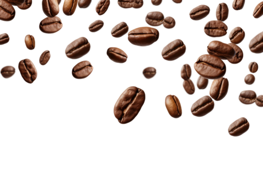 Coffee Beans Falling in the Air. On a White or Clear Surface PNG Transparent Background.