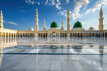 Fototapeta premium Masjid Nabawi - Prophet Mosque in Madinah al-Munawwarah and copy space - generative ai
