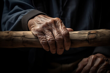 Close-up of an Elderly Hand Grasping a Wooden Walking Stick, Symbolizing Age, Experience, and the Journey of Life