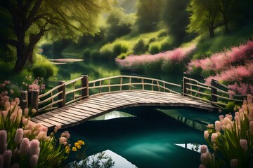 A quaint wooden mini bridge spanning a narrow stream in a rustic countryside setting, surrounded by lush greenery
