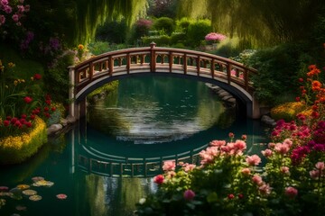 Fototapeta premium A charming mini bridge nestled in a peaceful garden, adorned with vibrant flowers and gently arched over a serene pond