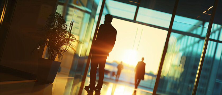 Sunset hues surrounding a person's silhouette in an office building