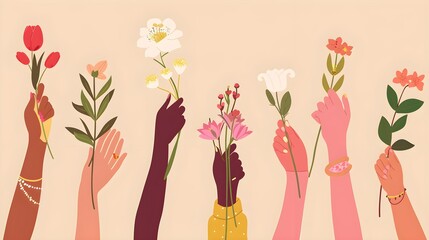 Set of female hands holding beautiful flowers. Different skin colored elegant woman hands isolated. Happy international women's day. Girl power. Feminism