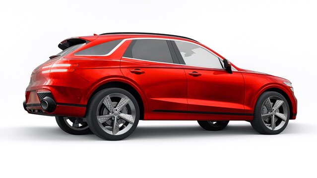 Miami. USA. March 16, 2024. Genesis GV70 2022. Premium red Korean SUV car on white background. 3d illustration.