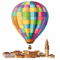 Fototapeta na wymiar A colorful hot air balloon floating above a city. clipart