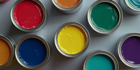 Colorful paint cans on white background. Top view. Copy space.