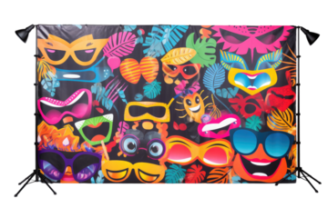 Colorful Masks Adorn a Photo Booth. On a White or Clear Surface PNG Transparent Background.