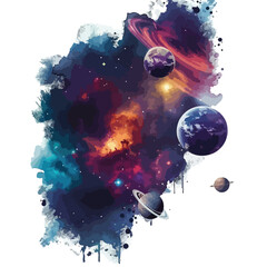 A dramatic space scene with planets and stars. clipart