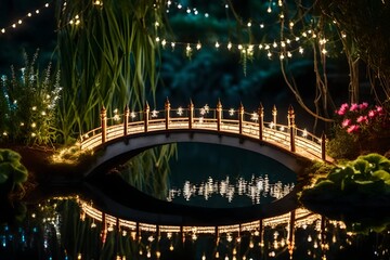A whimsical miniature bridge over a reflective pond, adorned with fairy lights, creating a magical atmosphere in a secret garden