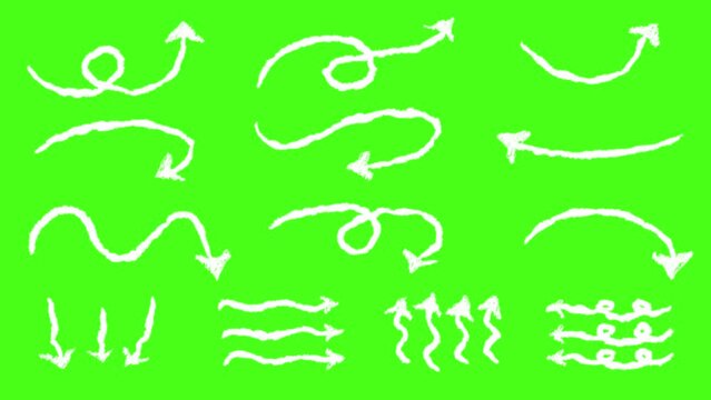 Set of white hand drawn style with crayon brush pointer animation green screen. Variety of doodle animated arrow. Popping charcoal arrows footage video. Freehand different sketch curved swirl line 4K