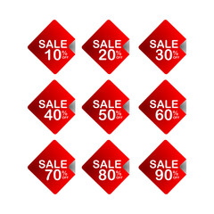 Sale stickers and labels with Sale up to 10 - 90 percent text on red square stickers and labels. vector