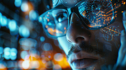 A close-up of a scientist analyzing data on a futuristic holographic display - obrazy, fototapety, plakaty