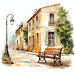 Fototapeta na wymiar A French Street with Bench clipart isolated on white