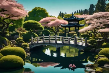 Fotobehang An lovely tiny bridge across a peaceful pond in a Japanese-inspired environment, with meticulously kept bonsai trees.  © MB Khan