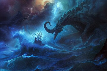 A dynamic wallpaper illustration showcasing a group of fearless sailor men navigating treacherous waters and battling ferocious sea monsters, with their trusty ship, Generative AI - obrazy, fototapety, plakaty