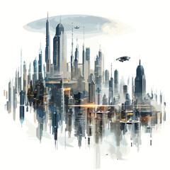 A futuristic cityscape with flying cars. clipart 