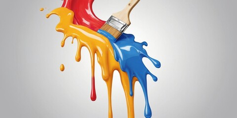 Paintbrush with blue, orange and yellow paint splashing on grey background.