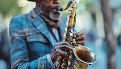 A man playing a saxophone on a street corner - obrazy, fototapety, plakaty