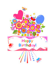 Birthday childish greeting or party invitation with colorful flowers bouquet and balloon