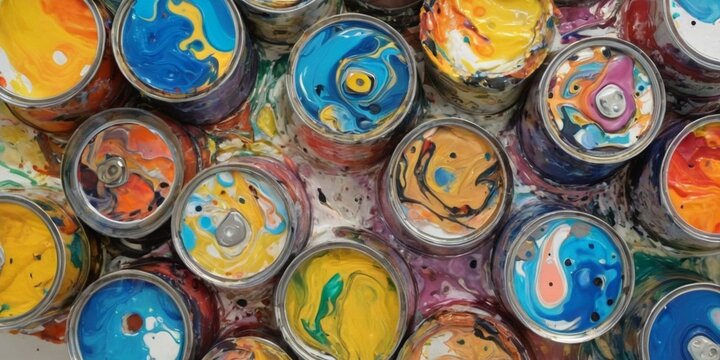 Colorful paint cans in a flea market. Abstract background.