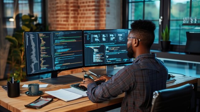 A focused software developer codes on a dual monitor setup in a modern office environment with a minimalist aesthetic. AIG41