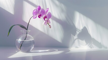 Sprig of purple orchid in transparent vase on white background with bright lighting, copy space,...