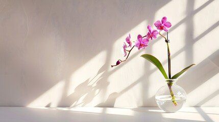 Sprig of purple orchid in transparent vase on white background with bright lighting, copy space, horizontal photo. Flower silhouette and blurred shadow mesh on wall. Orchidaceae, minimalist aesthetic