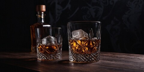 Two glasses of whiskey with ice on a wooden table on a dark background.