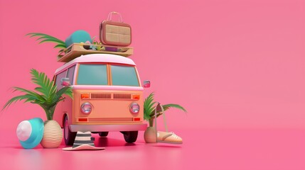 Summer vacation concept, Travel to the beach by van carrying travel accessories on pink background, 3d illustration 