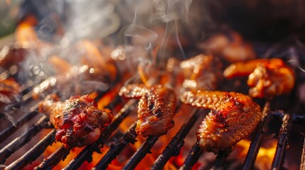 Several chicken wings are being grilled. Smoke rises from the grill, the flames of the coals below licking the edges of the chicken wings, giving them a charred appearance. Background blurred, outdoor