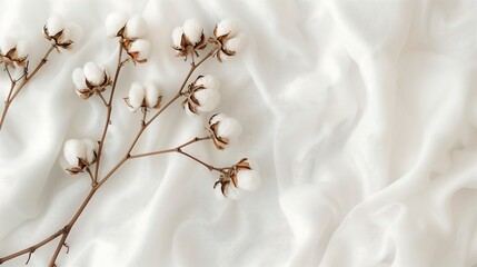 Cotton flower on white cotton fabric cloth backgrounds with copy space 