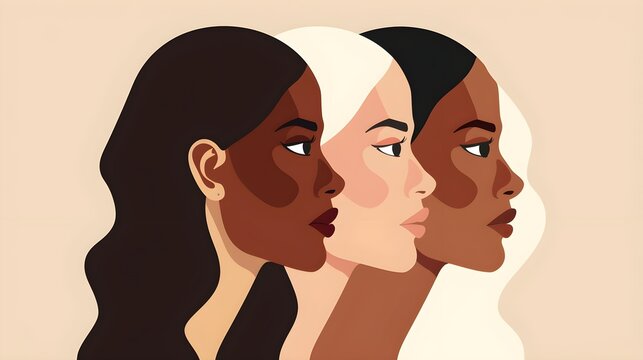 Three beautiful women with different skin colors stand together. Abstract minimal portrait of girls face to face. Concept of sisterhood and females friendship.