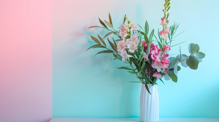 Vase with bouquet of beautiful alstroemeria flowers and eucalyptus branches on table near color wall